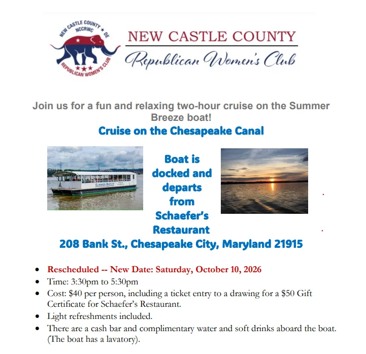 Flyer: Cruise on the Chesapeake Canal aboard the Summer Breeze, rescheduled to Saturday, October 10, 2026, 3:30pm to 5:30pm, departing Schaefer’s Restaurant, 208 Bank St., Chesapeake City, Maryland. $40 per person. Open the PDF flyer.